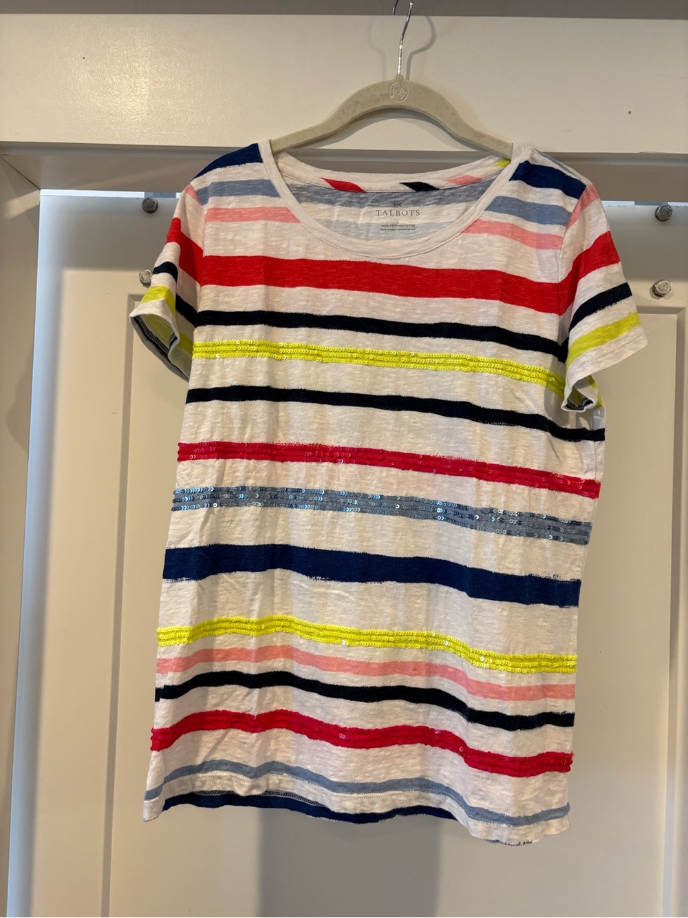 Talbots White Cotton Tee with Multicolor Stripes and Sequin Accents size L